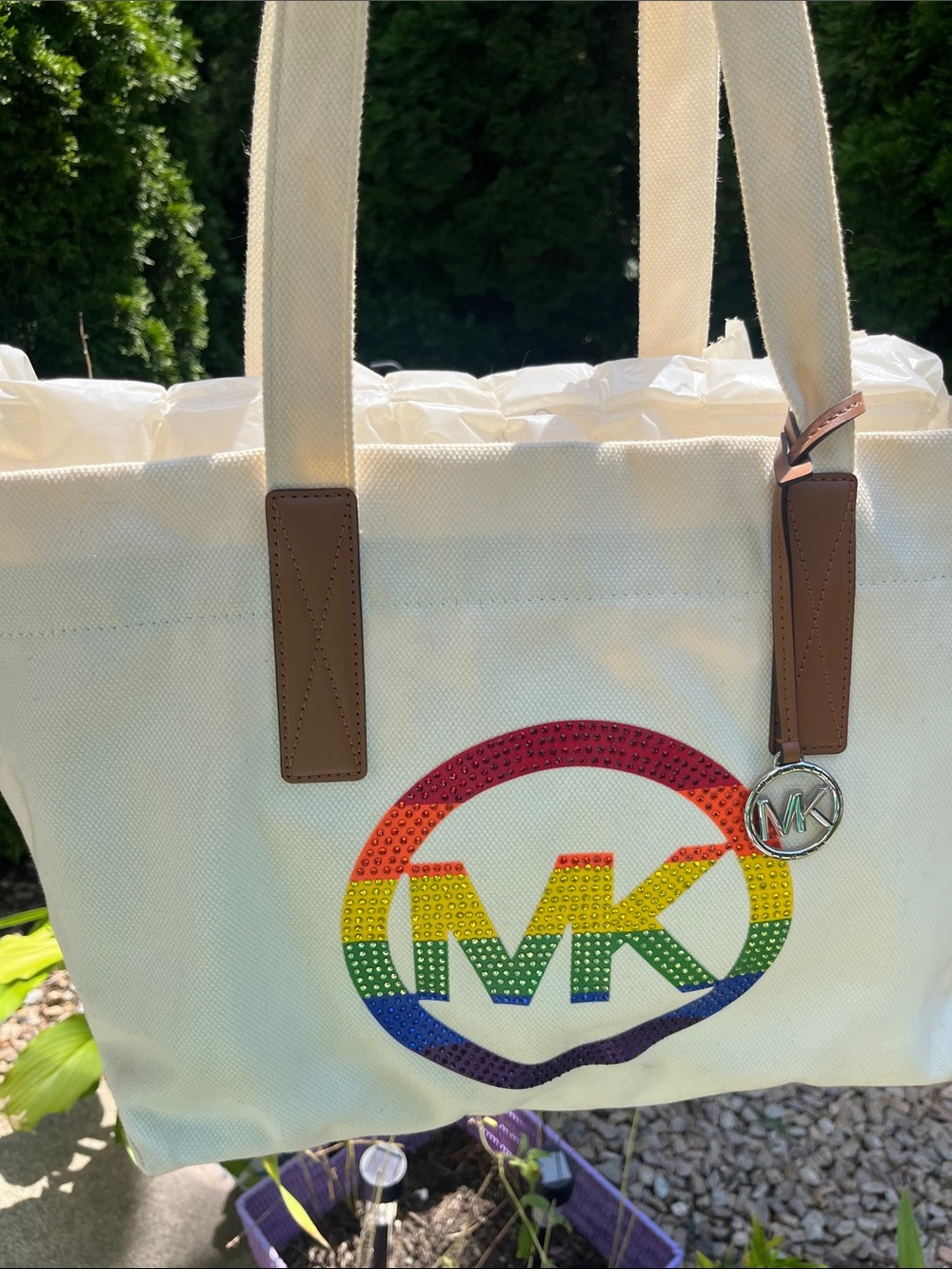 Michael Kors White Canvas Tote with Rainbow MK Logo